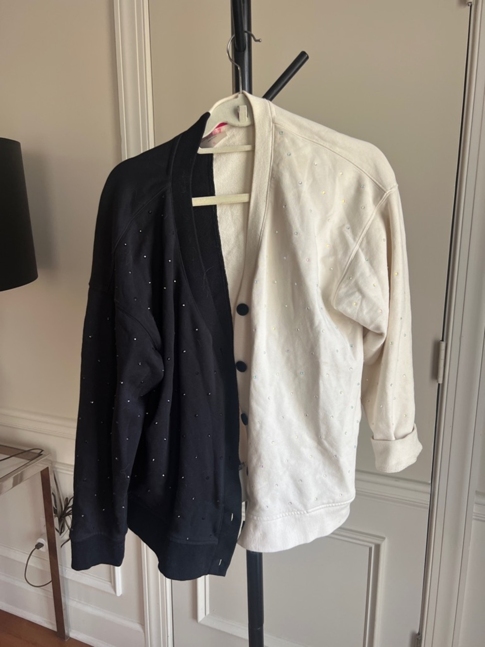 Two-Tone Black and Cream Cardigan with Rhinestones